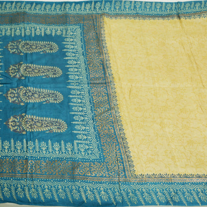 Indian Vintage Blue & beige Saree Pure Khadi Silk Handloom Hand Printed/Printed Indian Sari Fabric 5yard Ethnic Wear Sari