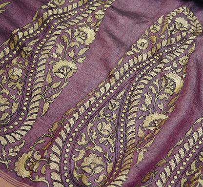 Indian Vintage Purple Saree Pure Khadi Silk Handloom Hand Beaded Indian Sari Fabric 5yard Ethnic Fringes