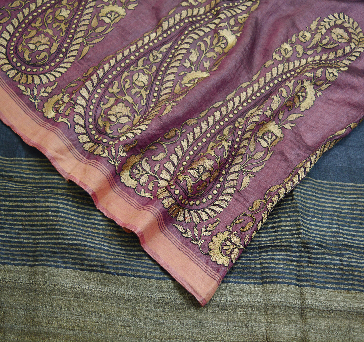 Indian Vintage Purple Saree Pure Khadi Silk Handloom Hand Beaded Indian Sari Fabric 5yard Ethnic Fringes