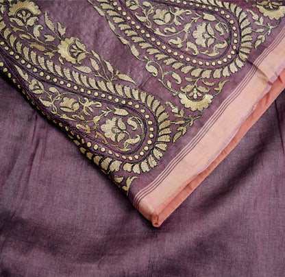 Indian Vintage Purple Saree Pure Khadi Silk Handloom Hand Beaded Indian Sari Fabric 5yard Ethnic Fringes