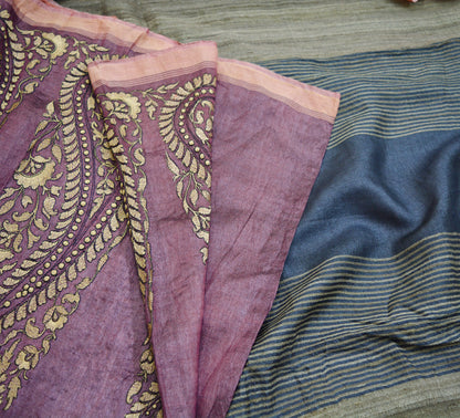 Indian Vintage Purple Saree Pure Khadi Silk Handloom Hand Beaded Indian Sari Fabric 5yard Ethnic Fringes