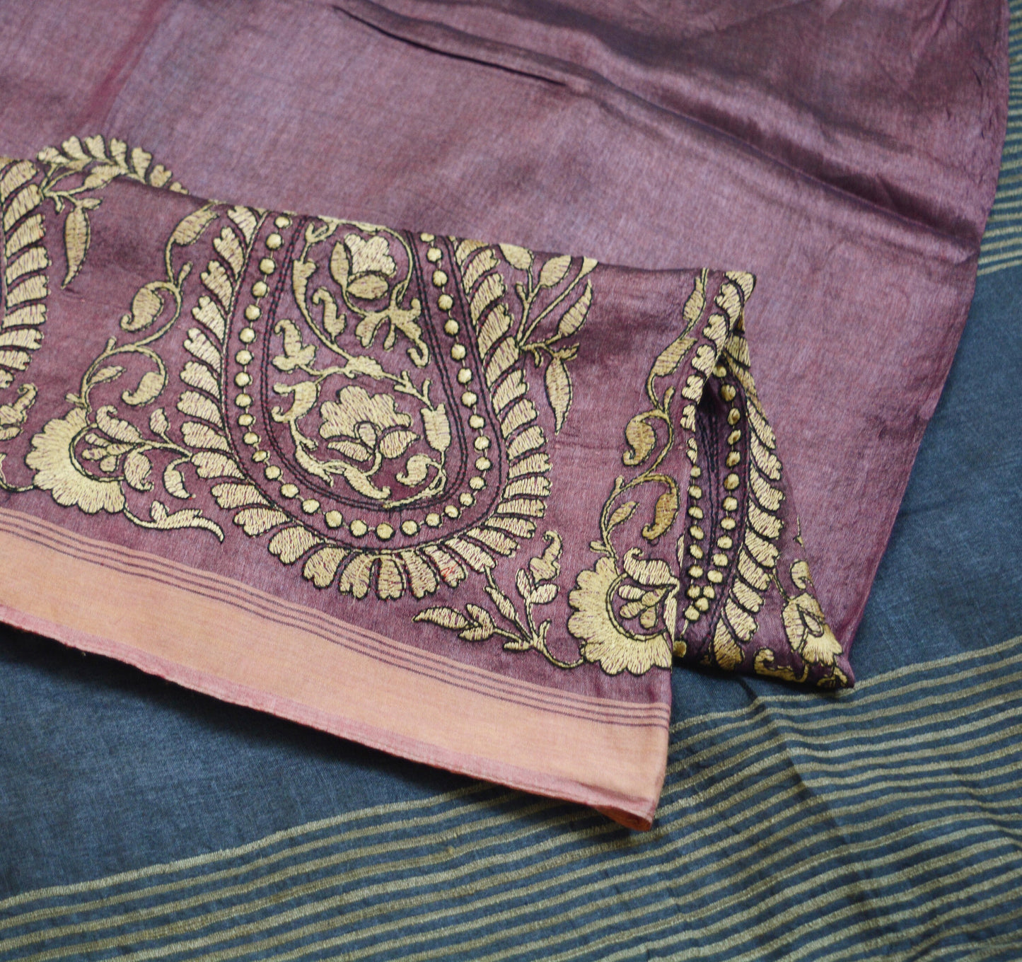 Indian Vintage Purple Saree Pure Khadi Silk Handloom Hand Beaded Indian Sari Fabric 5yard Ethnic Fringes