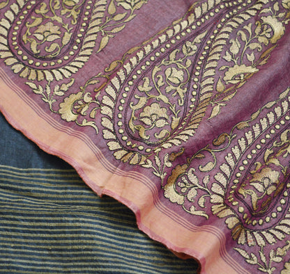 Indian Vintage Purple Saree Pure Khadi Silk Handloom Hand Beaded Indian Sari Fabric 5yard Ethnic Fringes