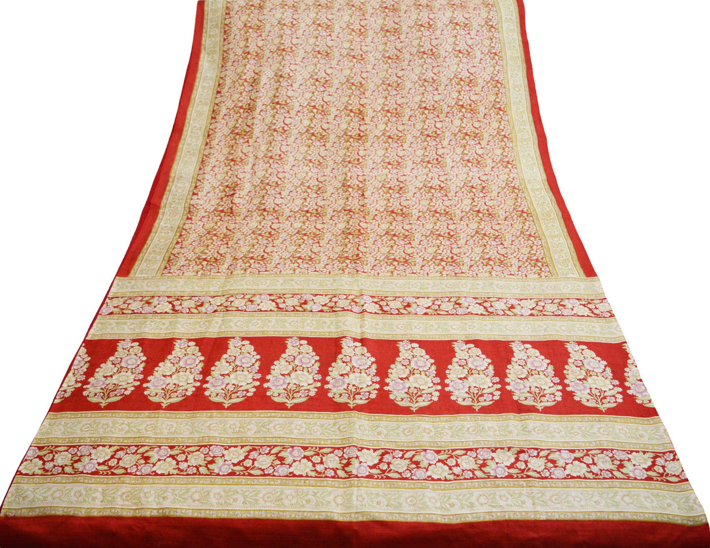 Indian Vintage Sari Red Pure Silk Printed Saree Fabric 6yard Sewing Craft Fabric DressMaking Soft Wrap Floral