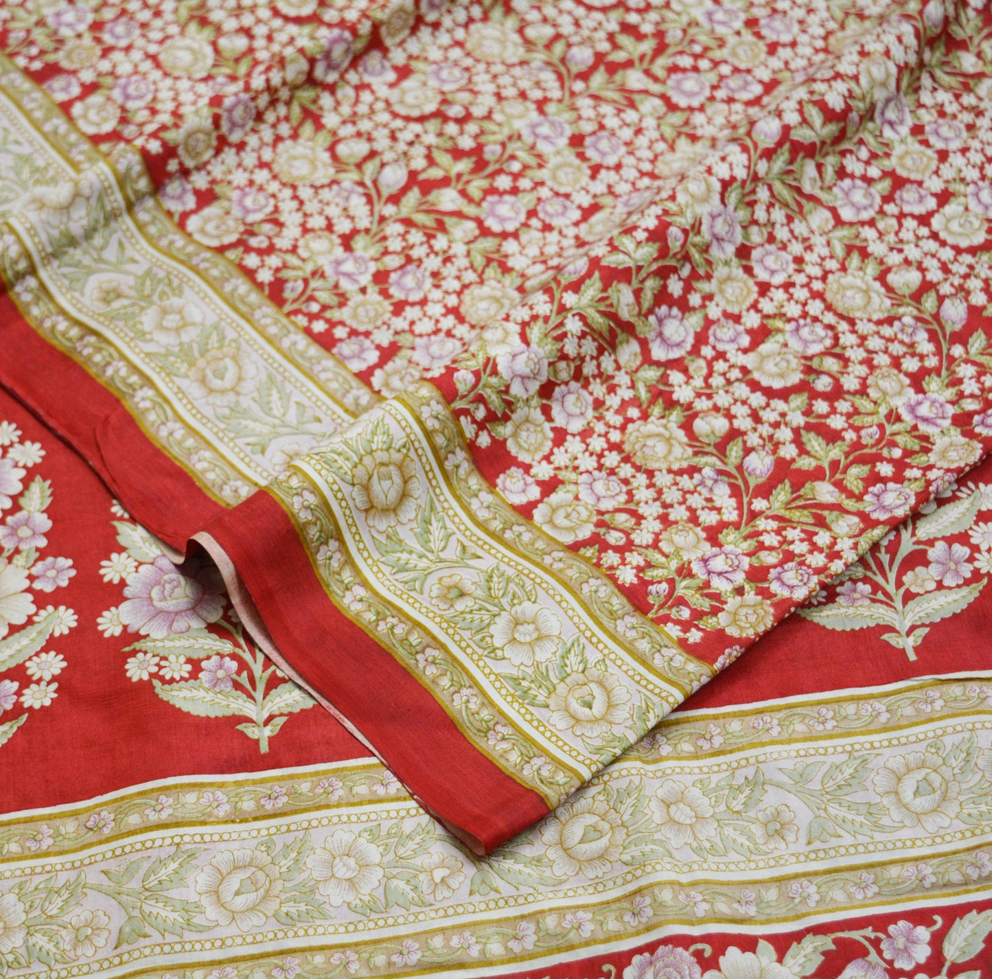 Indian Vintage Sari Red Pure Silk Printed Saree Fabric 6yard Sewing Craft Fabric DressMaking Soft Wrap Floral