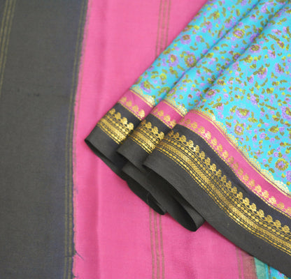 Indian Vintage Sari Pink & Blue 100% Pure Silk Printed Saree Fabric 5yard Sewing Craft DressMaking  Soft Zari