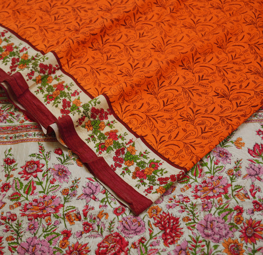 Vintage Sari Orange 100% Pure Silk Printed Saree Fabric 5yard Sewing Paisley Soft Dress Designing for Crafting ,Decor