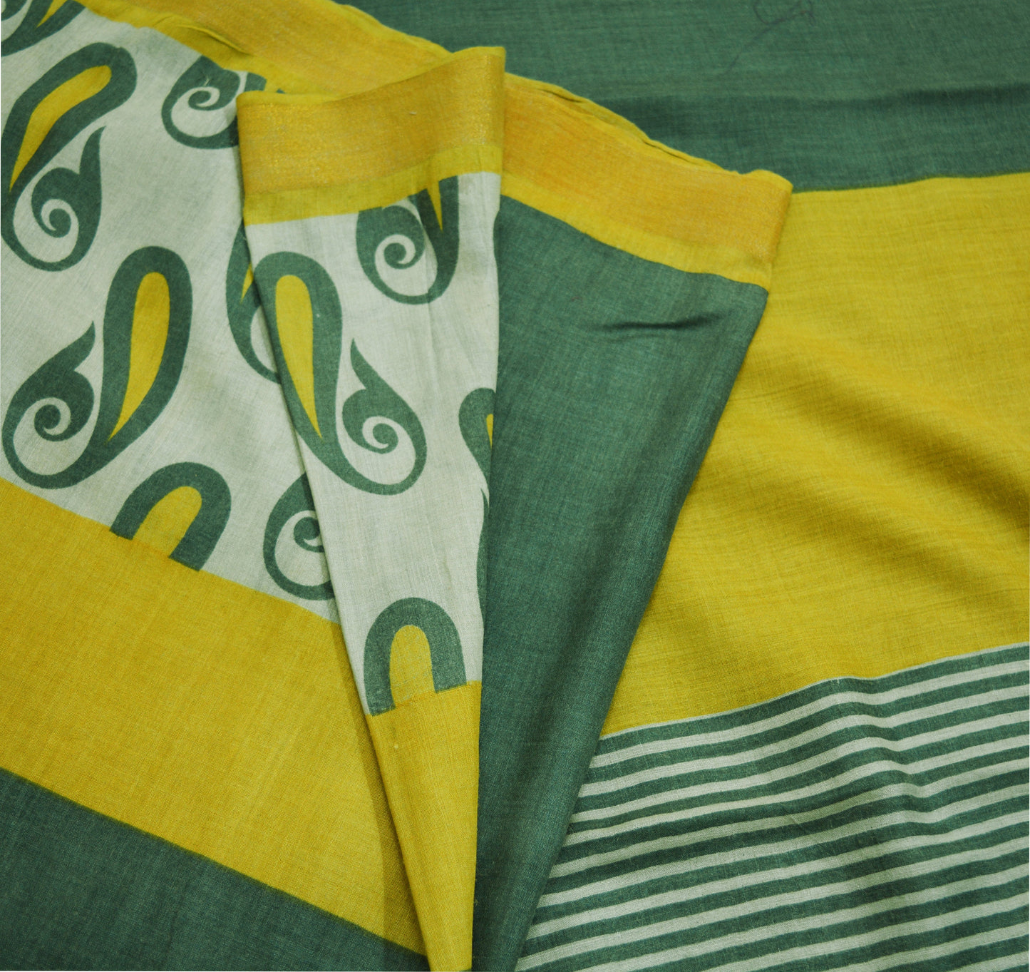 Vintage Green & Yellow Heavy Saree Pure Woolen Woven Printed Indian Sari Soft Warm Fabric 5Yard Zigzag Woven Border