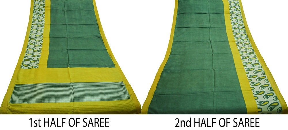 Vintage Green & Yellow Heavy Saree Pure Woolen Woven Printed Indian Sari Soft Warm Fabric 5Yard Zigzag Woven Border