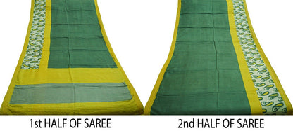 Vintage Green & Yellow Heavy Saree Pure Woolen Woven Printed Indian Sari Soft Warm Fabric 5Yard Zigzag Woven Border