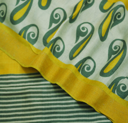 Vintage Green & Yellow Heavy Saree Pure Woolen Woven Printed Indian Sari Soft Warm Fabric 5Yard Zigzag Woven Border