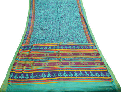 Vintage Blue & Green Heavy Saree Pure Woolen Woven Printed Indian Sari Soft Warm Fabric 5Yard Floral Woven Border