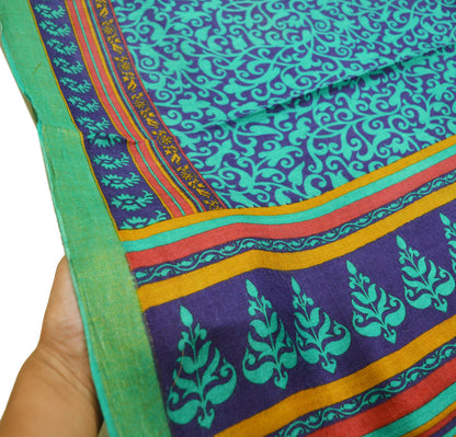 Vintage Blue & Green Heavy Saree Pure Woolen Woven Printed Indian Sari Soft Warm Fabric 5Yard Floral Woven Border