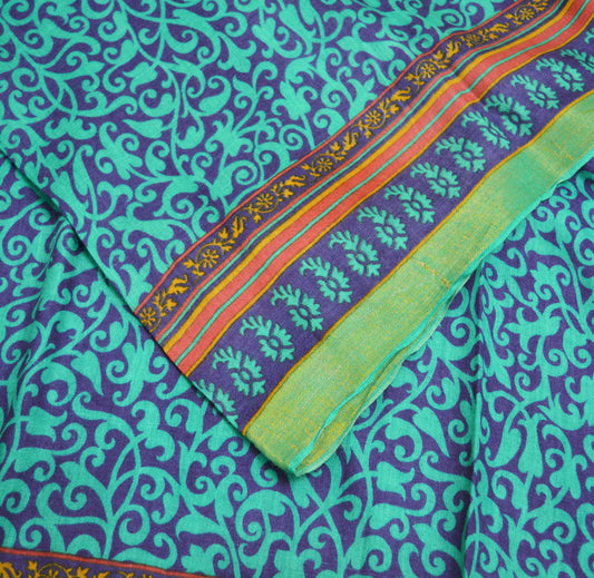 Vintage Blue & Green Heavy Saree Pure Woolen Woven Printed Indian Sari Soft Warm Fabric 5Yard Floral Woven Border