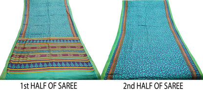 Vintage Blue & Green Heavy Saree Pure Woolen Woven Printed Indian Sari Soft Warm Fabric 5Yard Floral Woven Border