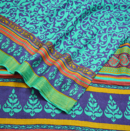 Vintage Blue & Green Heavy Saree Pure Woolen Woven Printed Indian Sari Soft Warm Fabric 5Yard Floral Woven Border