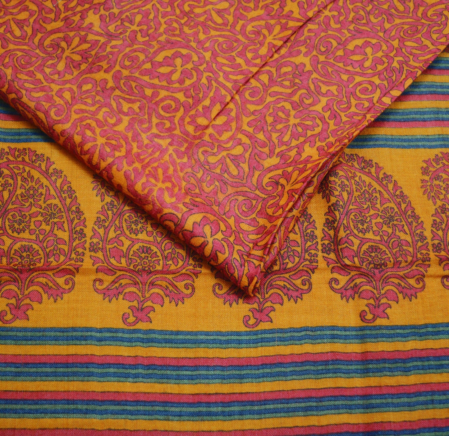 Vintage Red & Mustard Heavy Saree Pure Woolen Woven Printed Indian Sari Soft Warm Fabric 5Yard Floral Woven Border