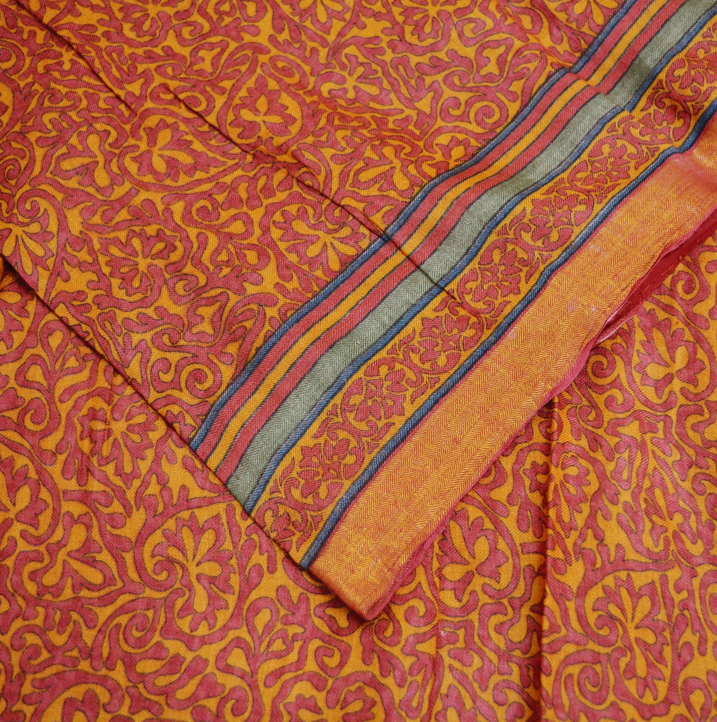 Vintage Red & Mustard Heavy Saree Pure Woolen Woven Printed Indian Sari Soft Warm Fabric 5Yard Floral Woven Border