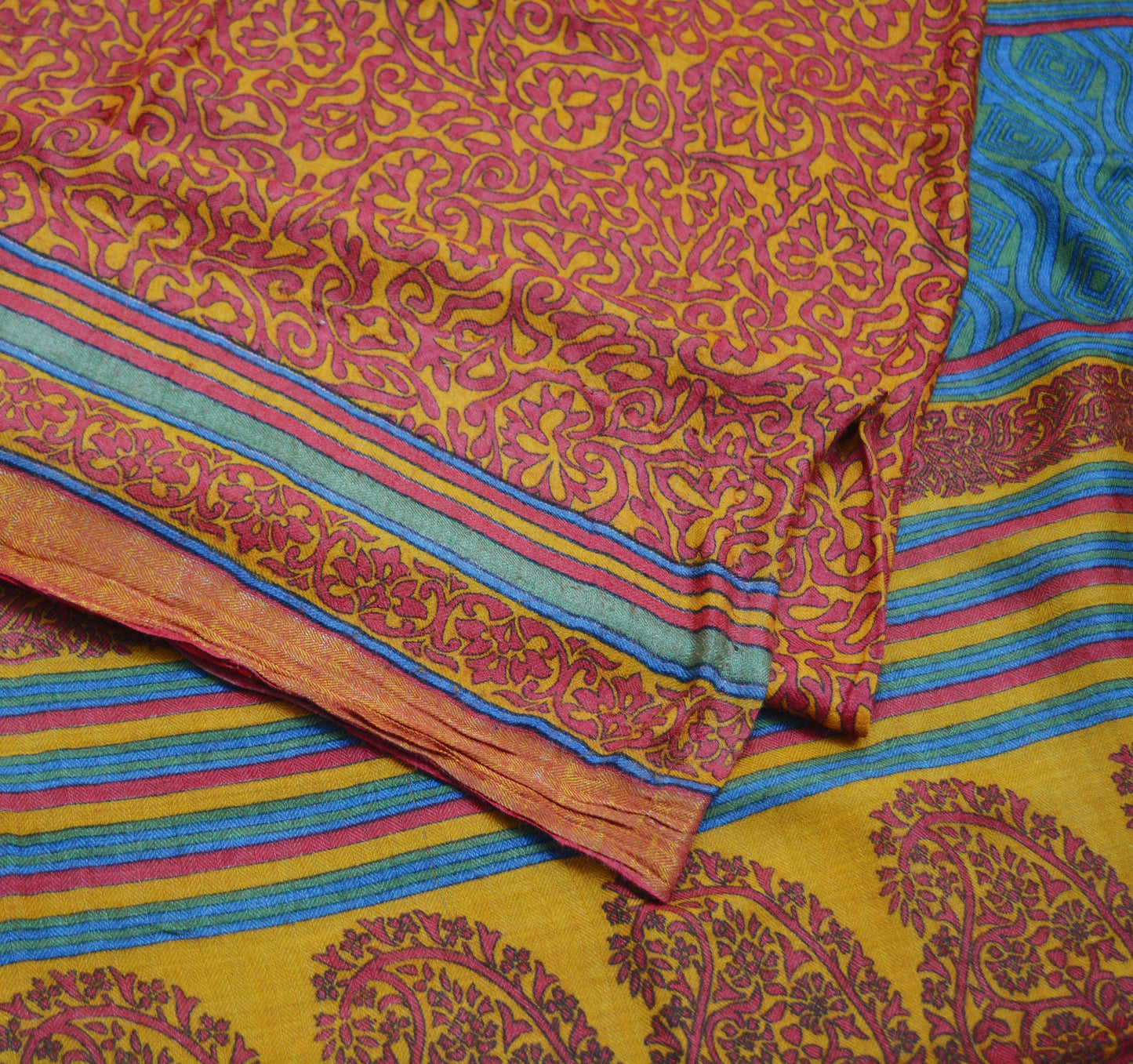 Vintage Red & Mustard Heavy Saree Pure Woolen Woven Printed Indian Sari Soft Warm Fabric 5Yard Floral Woven Border