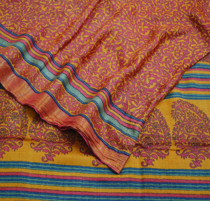 Vintage Red & Mustard Heavy Saree Pure Woolen Woven Printed Indian Sari Soft Warm Fabric 5Yard Floral Woven Border