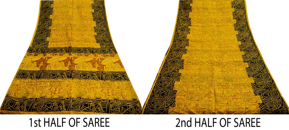 Indian Vintage Sari Yellow 100% Pure Silk Printed Sarees Fabric 5yard Sewing Floral Paisley Soft Craft Fabric Humans