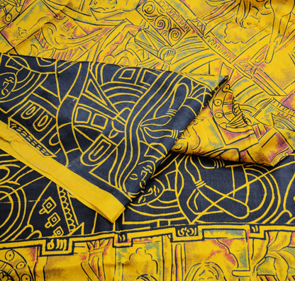 Indian Vintage Sari Yellow 100% Pure Silk Printed Sarees Fabric 5yard Sewing Floral Paisley Soft Craft Fabric Humans