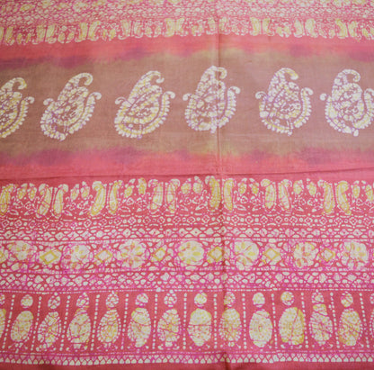 Indian Vintage Sari Pink & Brown Batik Printed Pure Silk Saree Craft Soft Fabric 5Yard Sewing Sarong Wrap Boho