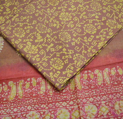 Indian Vintage Sari Pink & Brown Batik Printed Pure Silk Saree Craft Soft Fabric 5Yard Sewing Sarong Wrap Boho