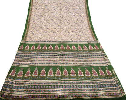 Indian Vintage Sari Green & White Printed Pure Cotton Saree Craft Soft Fabric 5Yard Sewing Sarong Wrap Boho Floral