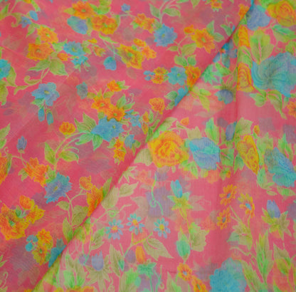 Women Vintage Sari Pink Pure Chiffon Silk Printed Saree Craft Fabric Sewing 5Yard Soft Light Sari Dress Making
