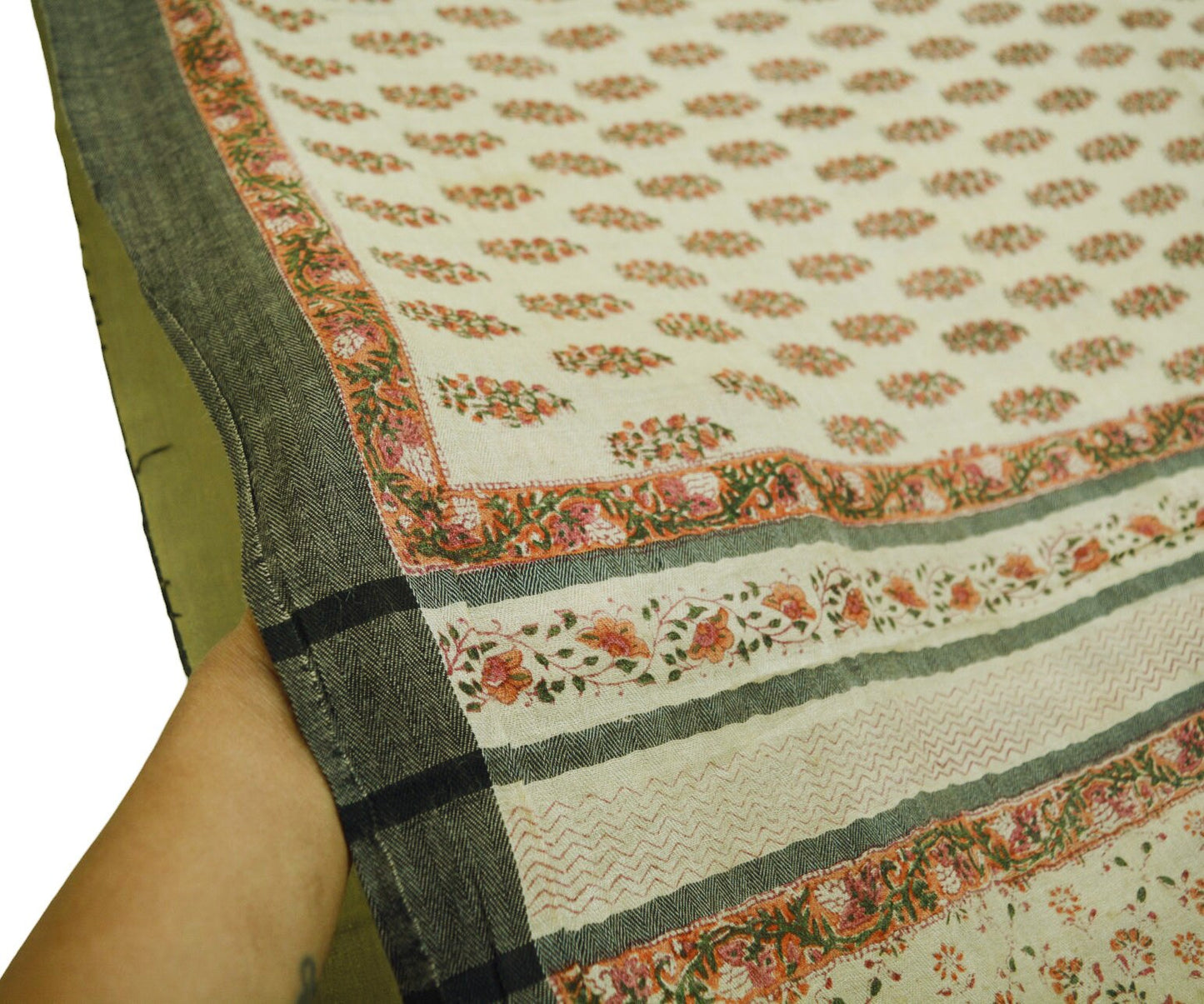 Vintage Ivory Heavy Saree Pure Woolen Woven Printed Indian Sari Soft Warm Fabric 5Yard Zigzag Woven Border Fringes