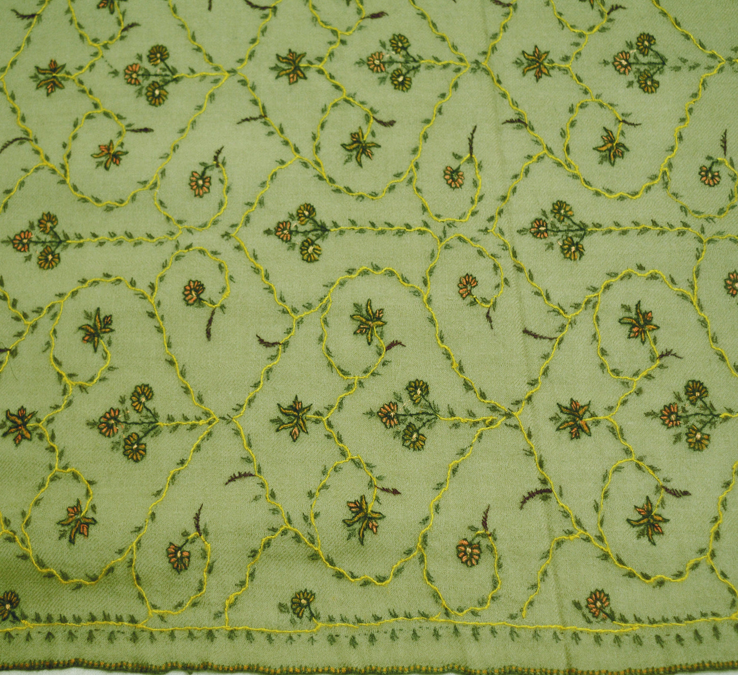 Vintage Green Shawl Pure Woolen Handmade Suzani Long Throw Stole Warm Stole Floral Design Soft