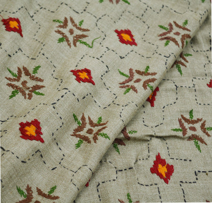 Vintage Gray Pure Woolen Shawl Handmade Embroidered Kantha Long Throw Stole Warm Stole ivory Floral Design