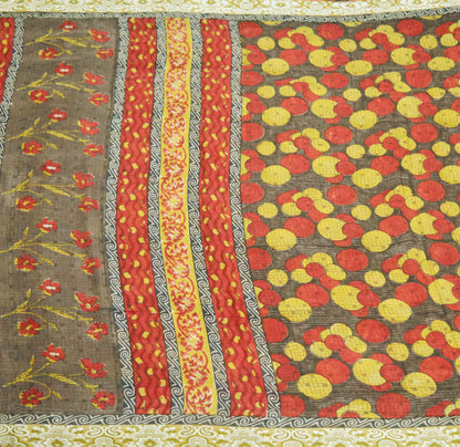 Indian Vintage Sari Brown & Red 100% Pure Silk Printed 5yard Sewing Craft Fabric DressMaking Soft