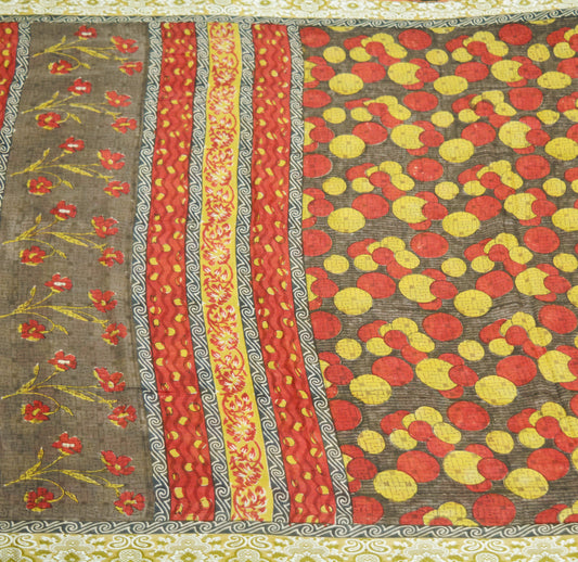 Indian Vintage Sari Brown & Red 100% Pure Silk Printed 5yard Sewing Craft Fabric DressMaking Soft