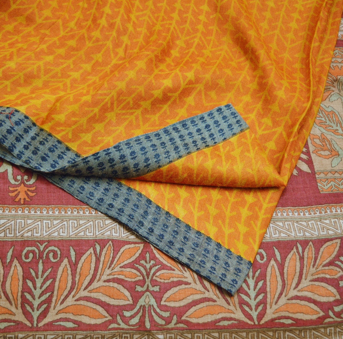 Vintage Maroon & Mustard Heavy Saree Pure Woolen Woven Printed Indian Sari Soft Warm Fabric 5Yard Floral Woven Border