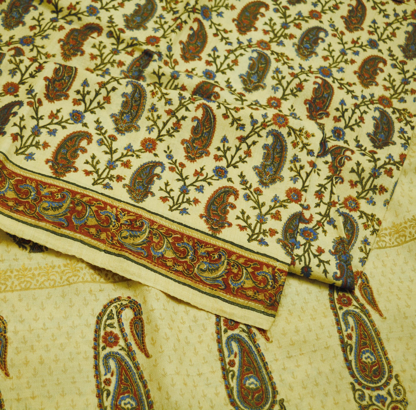 Vintage Ivory Heavy Saree Pure Woolen Woven Hand Painted Indian Sari Soft Warm Fabric 5Yard Zigzag Woven Border Fringes