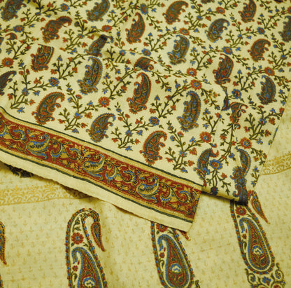 Vintage Ivory Heavy Saree Pure Woolen Woven Hand Painted Indian Sari Soft Warm Fabric 5Yard Zigzag Woven Border Fringes