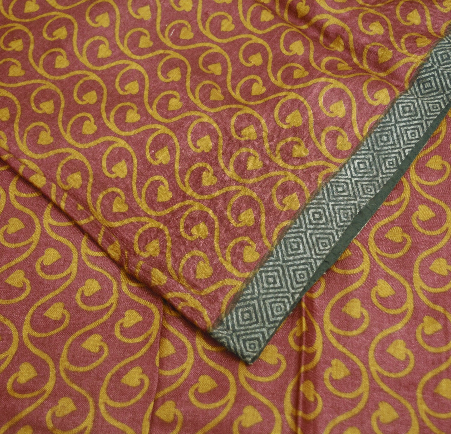 Vintage Maroon & Mustard Heavy Saree Pure Woolen Woven Printed Indian Sari Soft Warm Fabric 6Yard Floral Woven Border