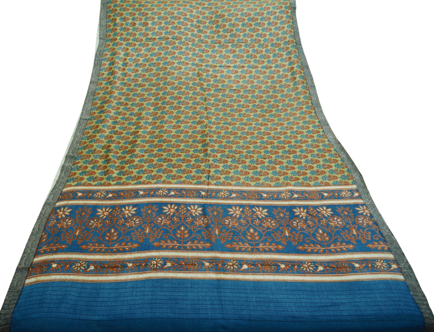 Vintage Green Heavy Saree Pure Woolen Woven Printed Indian Sari Soft Warm Fabric 5Yard Floral Woven Border