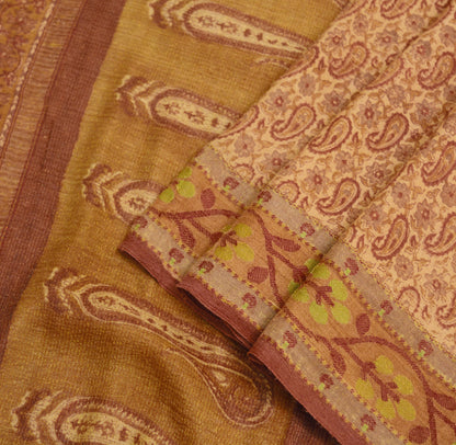 Vintage Beige Heavy Saree Pure Woolen Woven Block Printed Indian Sari Soft Warm Fabric 5Yard Zigzag Woven Border Fringes