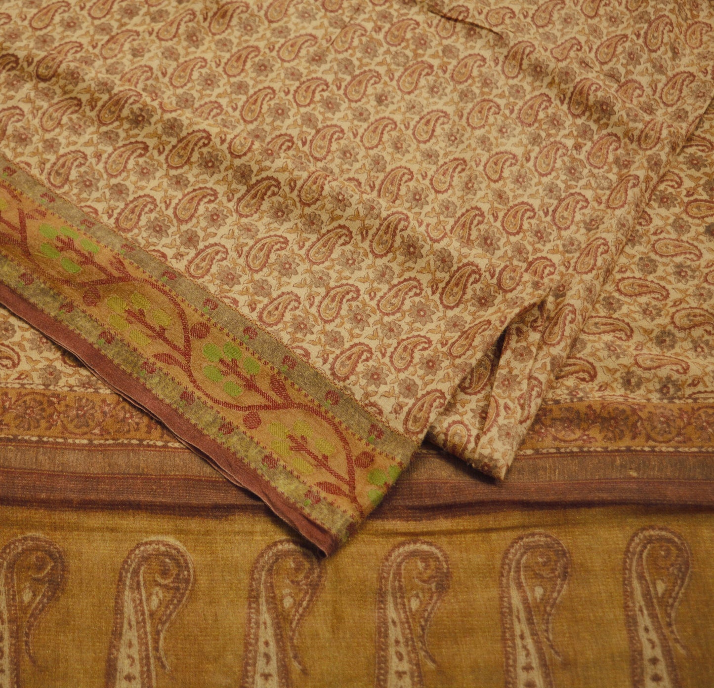 Vintage Beige Heavy Saree Pure Woolen Woven Block Printed Indian Sari Soft Warm Fabric 5Yard Zigzag Woven Border Fringes