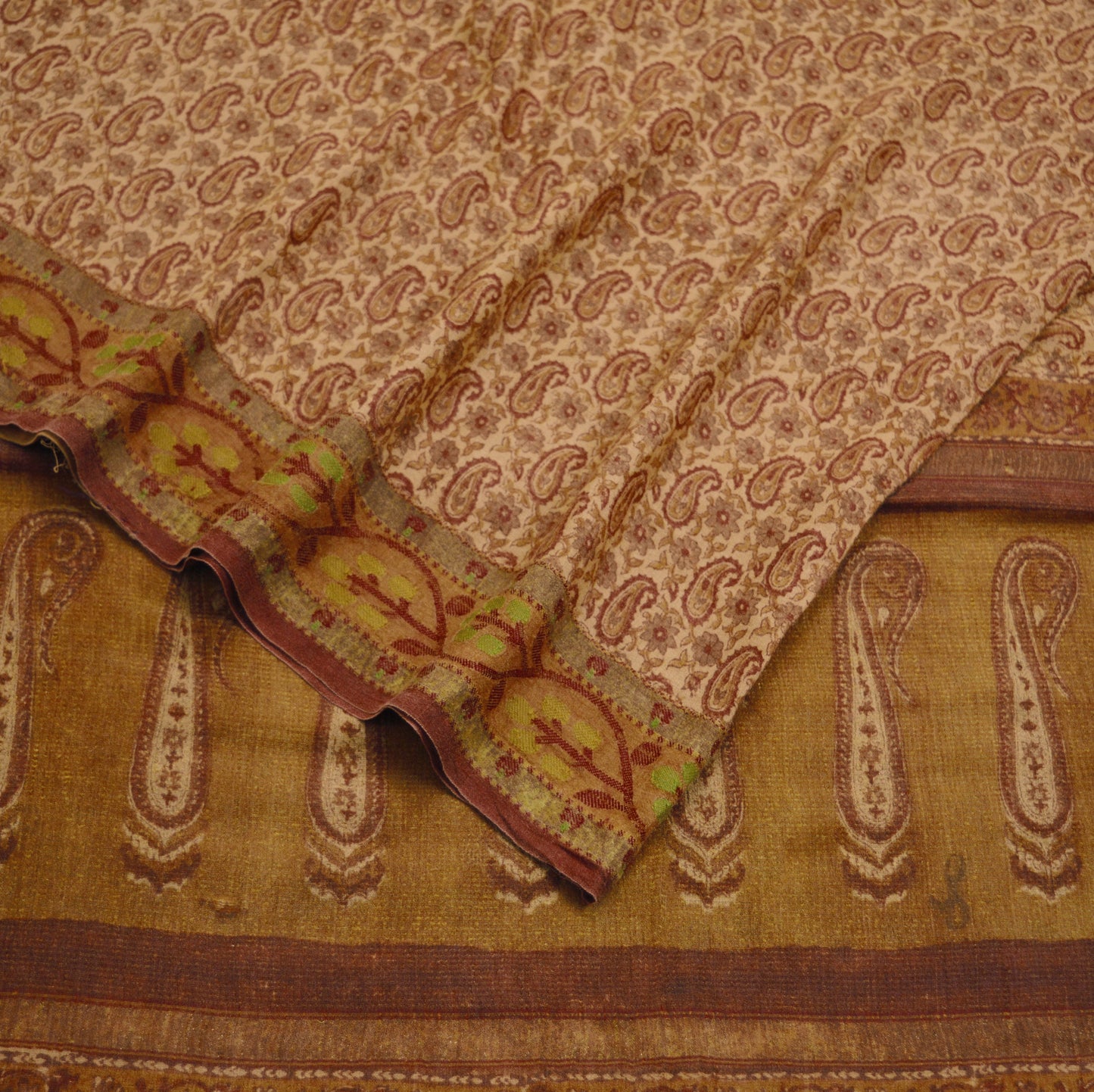 Vintage Beige Heavy Saree Pure Woolen Woven Block Printed Indian Sari Soft Warm Fabric 5Yard Zigzag Woven Border Fringes