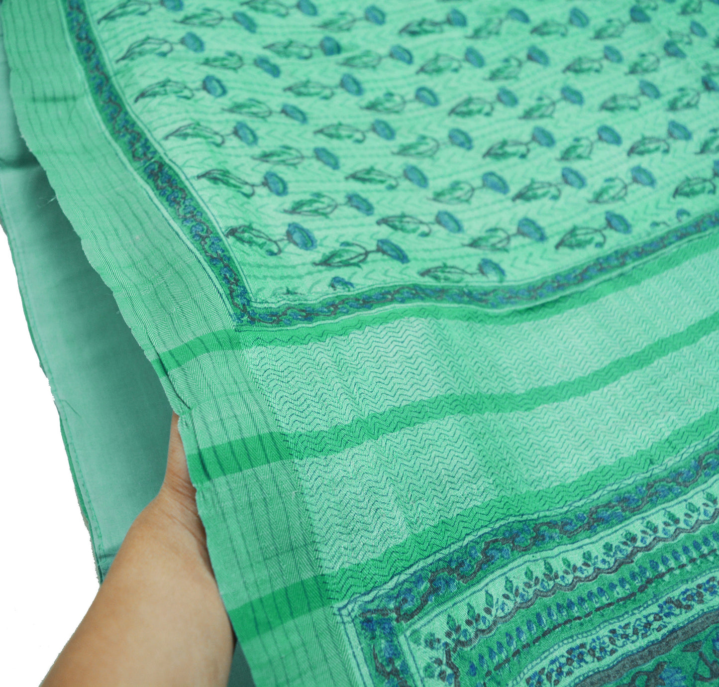 Vintage Green Heavy Saree Pure Woolen Woven Printed Indian Sari Soft Warm Fabric 6Yard Floral Woven Border