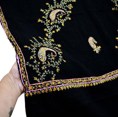 Vintage Black Pure Woolen Shawl Handmade Suzani Long Throw Stole Warm Stole Floral Design