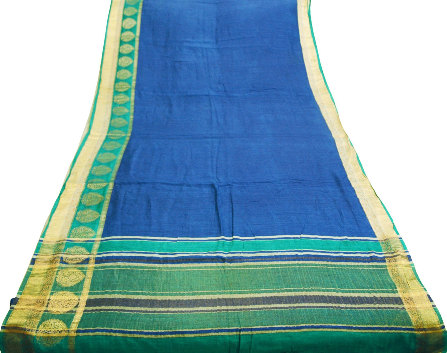 Indian Vintage Blue & Green Saree Pure Khadi Silk Handloom Woven Indian Sari Fabric 5yard Ethnic Wear Sari Zari Border