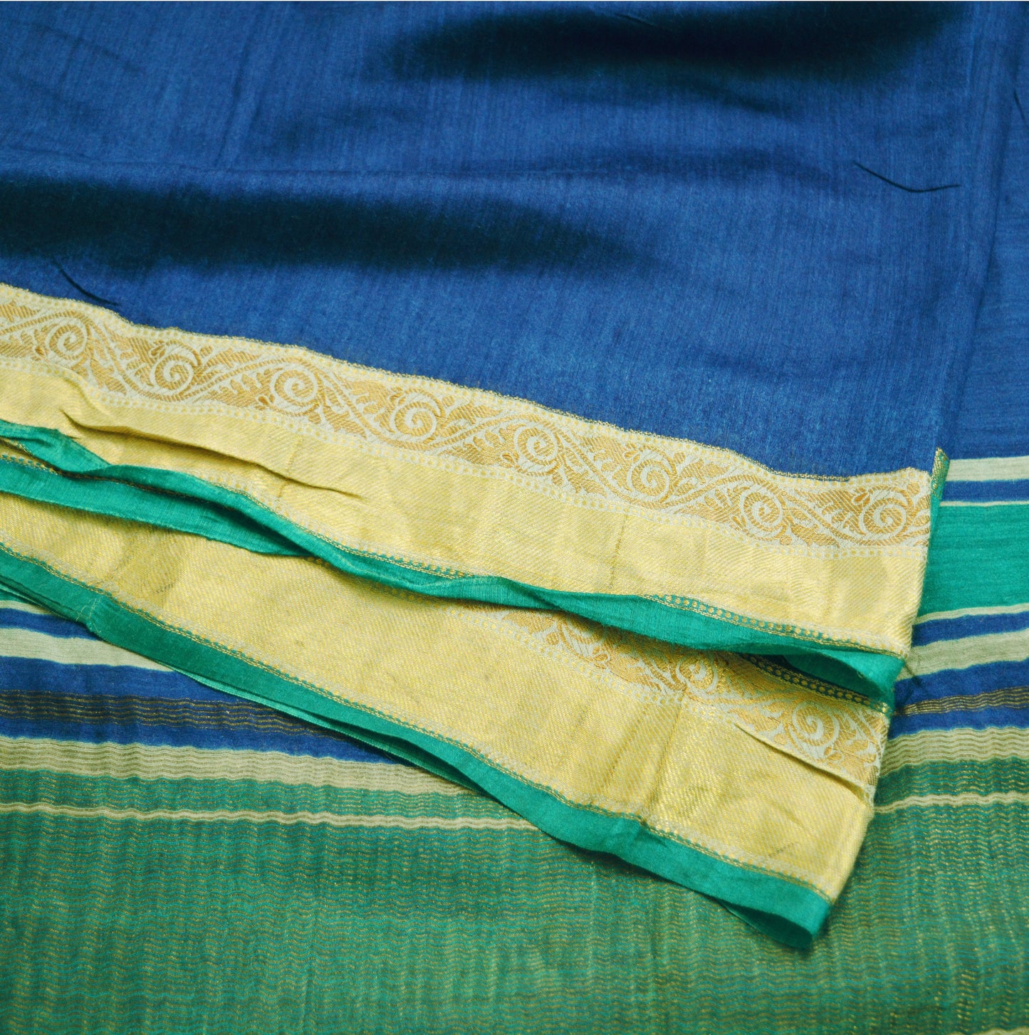 Indian Vintage Blue & Green Saree Pure Khadi Silk Handloom Woven Indian Sari Fabric 5yard Ethnic Wear Sari Zari Border