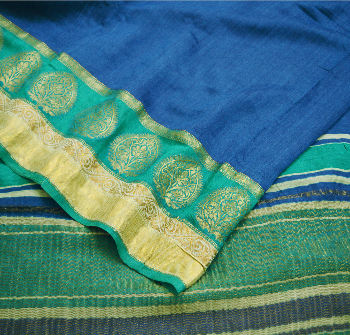 Indian Vintage Blue & Green Saree Pure Khadi Silk Handloom Woven Indian Sari Fabric 5yard Ethnic Wear Sari Zari Border