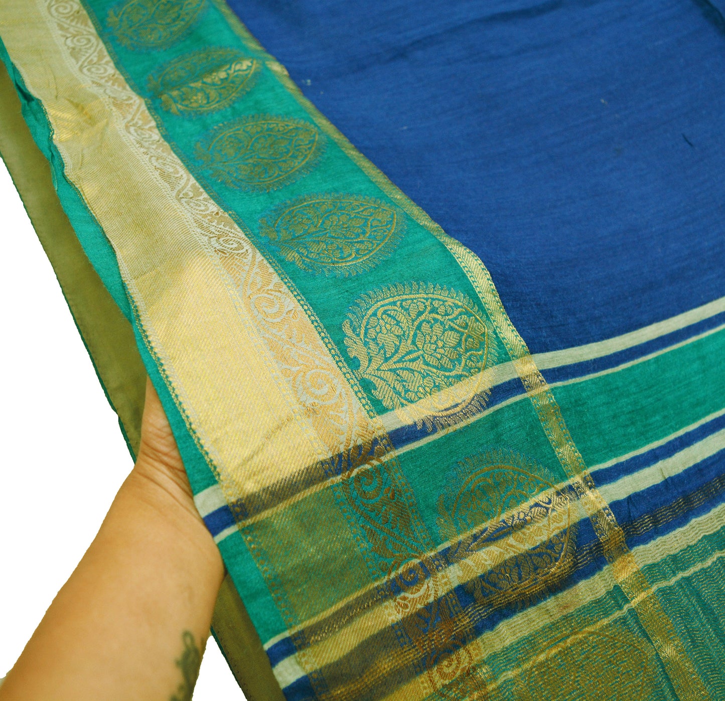 Indian Vintage Blue & Green Saree Pure Khadi Silk Handloom Woven Indian Sari Fabric 5yard Ethnic Wear Sari Zari Border