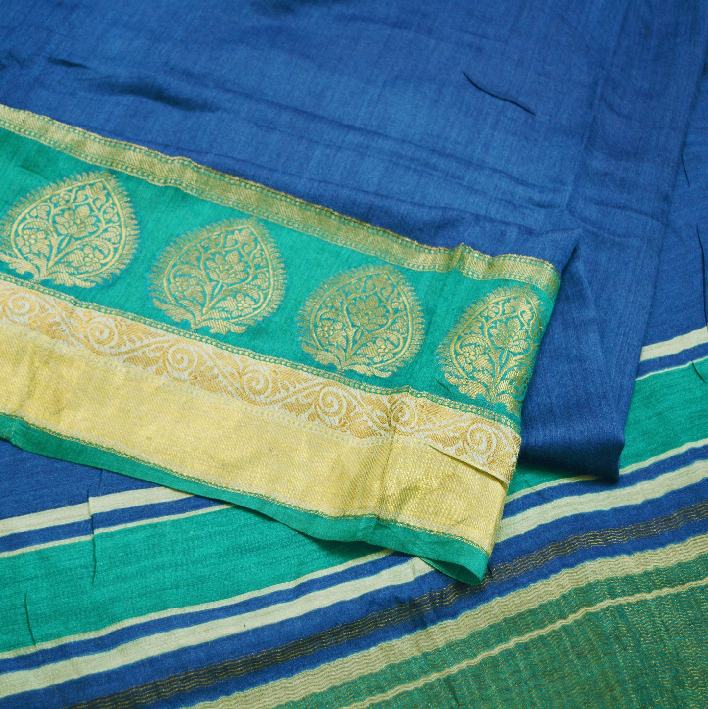 Indian Vintage Blue & Green Saree Pure Khadi Silk Handloom Woven Indian Sari Fabric 5yard Ethnic Wear Sari Zari Border